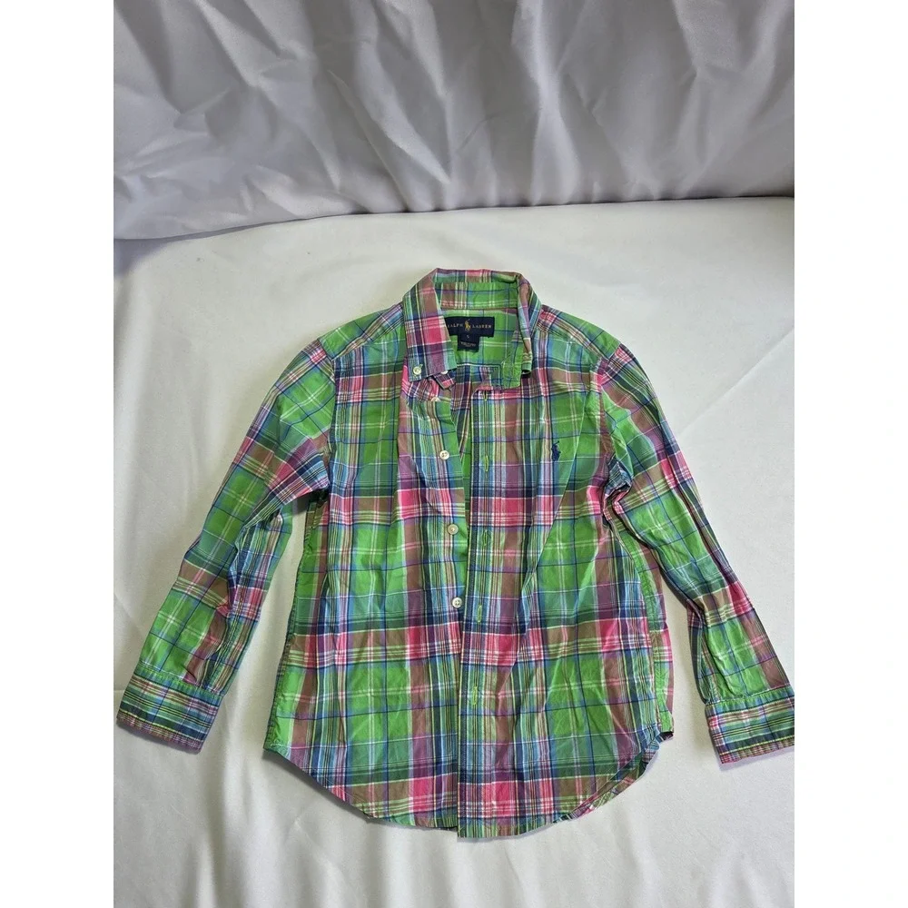 Ralph Lauren Boys Green Pink Madras‎ Plaid Button Down Shirt Size 5 Long Sleeve